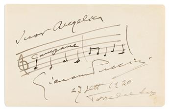 PUCCINI, GIACOMO. Two items, each dated and Signed: Photograph postcard * Autograph Musical Quotation.